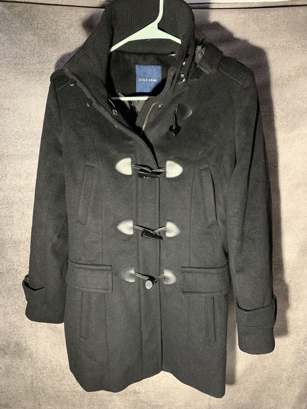 Cole Haan Wool Blend Women's Black Hooded Toggle Pea Coat